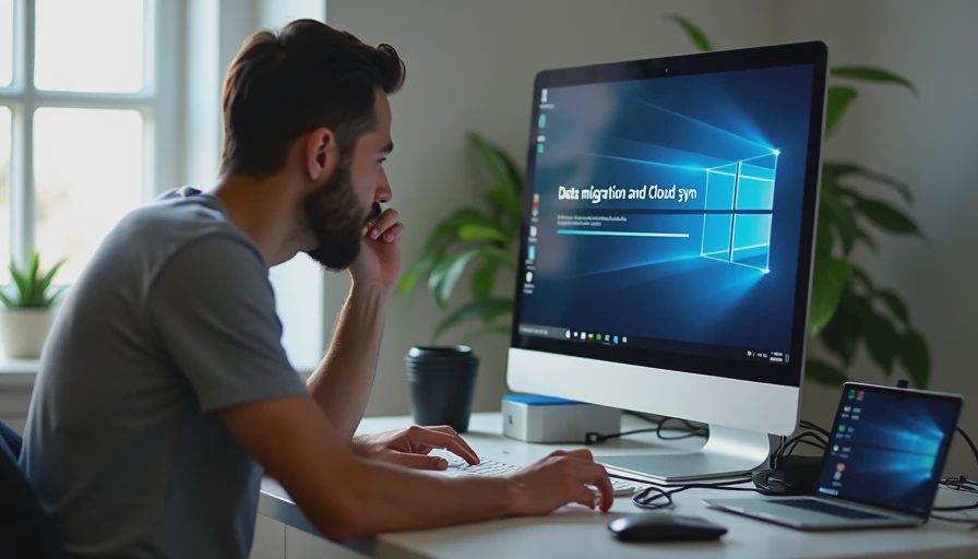 A documentary photo of a frustrated user at a desk surrounded by old and new devices, watching a lengthy data migration progress bar.