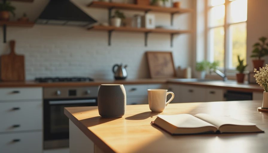 A documentary wide shot of a smart speaker placed on a busy kitchen counter among everyday items, emphasizing its shared environmental role.
