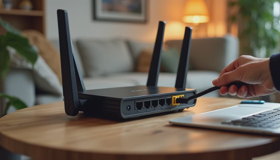 A documentary-style closeup of hands plugging an ethernet cable into a modern mesh router at home.