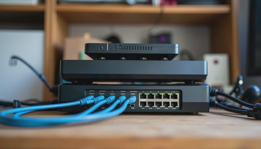 A practical home network router and smart home hub sitting on a tidy workshop desk in a documentary style.