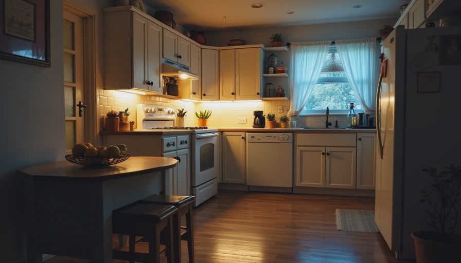 A documentary-style closeup of a quiet kitchen corner illuminated by soft, low-level nighttime path lighting.