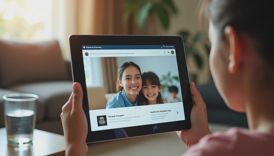A natural documentary shot of a tablet displaying shared family streaming and smart home management apps in a living room.