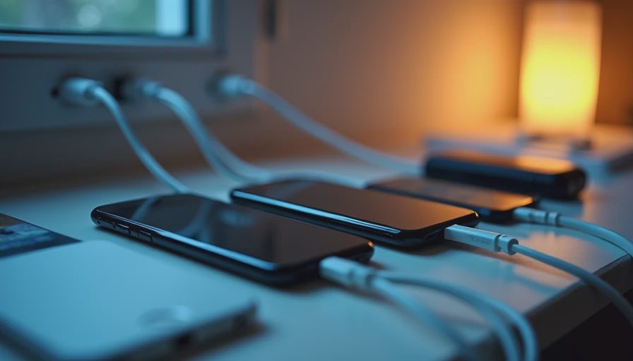 A documentary photo of a central charging station in a home where multiple phones and a tablet are plugged in overnight.