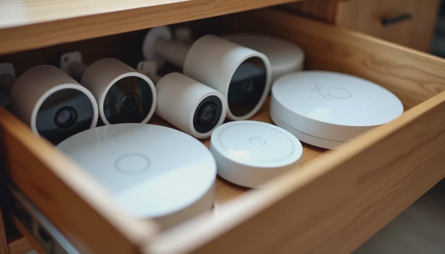 A candid documentary photo of security cameras and smart hubs resting inside a home drawer, showing long-term device clutter.