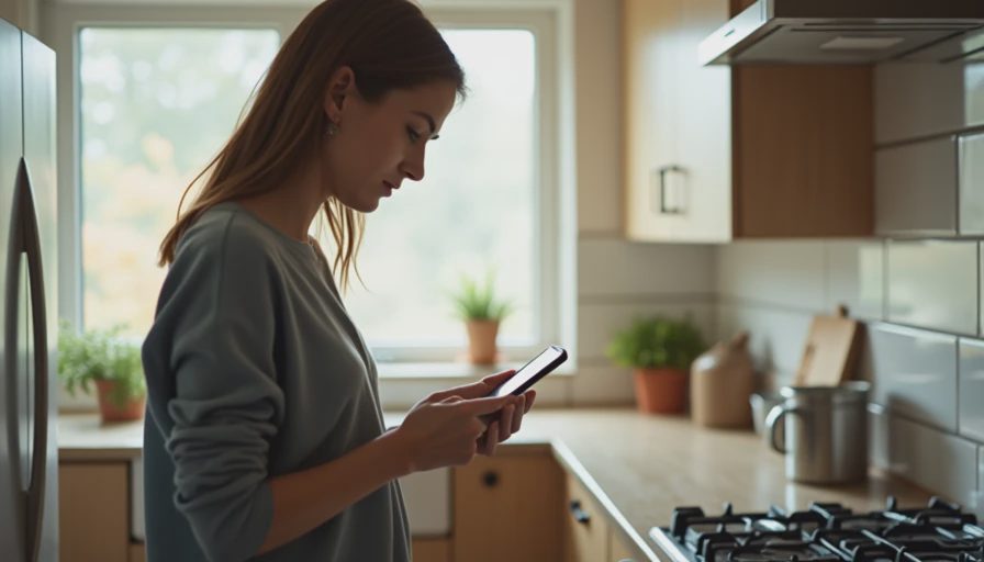 A natural documentary photo of someone reviewing a simple checklist on a mobile phone in a bright kitchen.