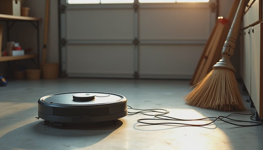 A documentary-style photo comparing a stuck robot vacuum tangled in cords with a simple traditional broom in a home.