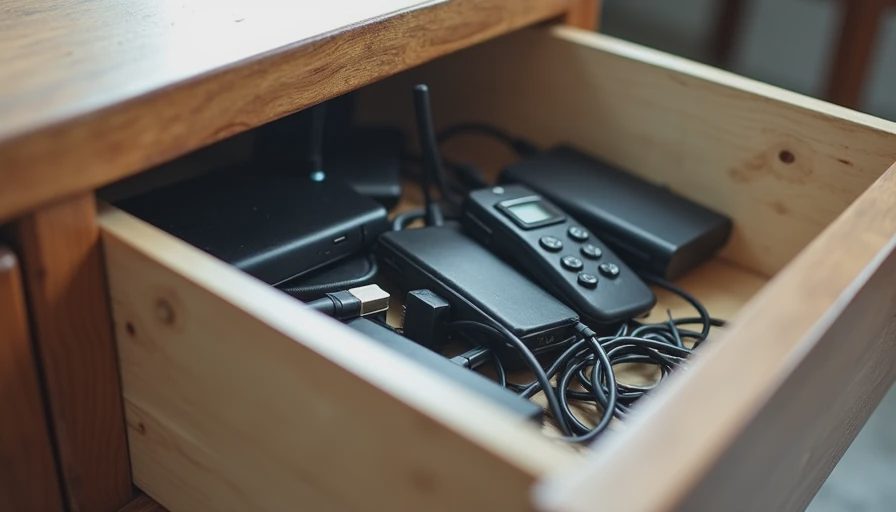 A candid documentary photo of a drawer filled with tangled old cables, unused routers, and electronic accessories in a home.