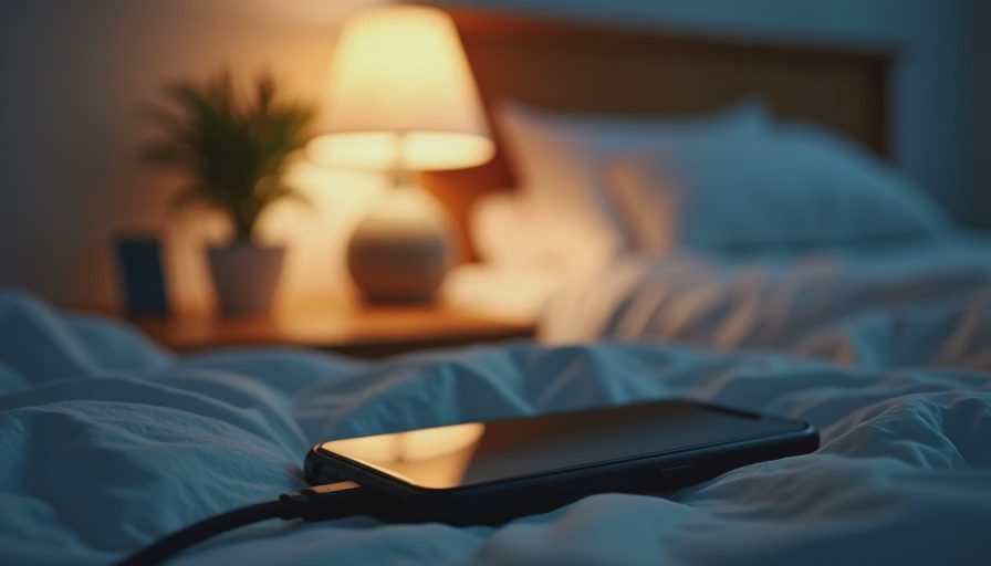 A natural documentary photo of a smartphone plugged in quietly on a bedside table in a peaceful, dim bedroom.