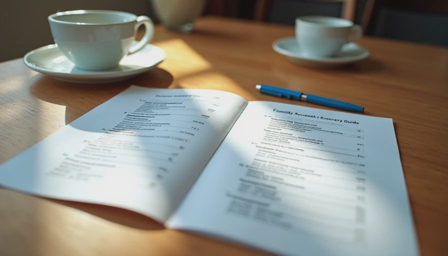 A documentary-style closeup of a printed family account recovery checklist and a pen on a wooden dining table.