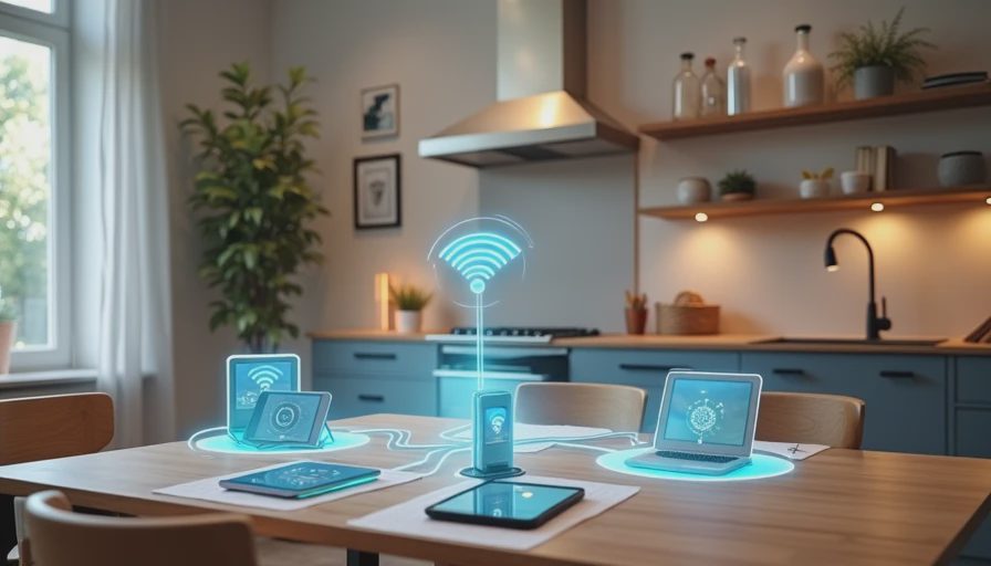 A natural documentary shot of various household devices connected to Wi-Fi in a modern living room environment.