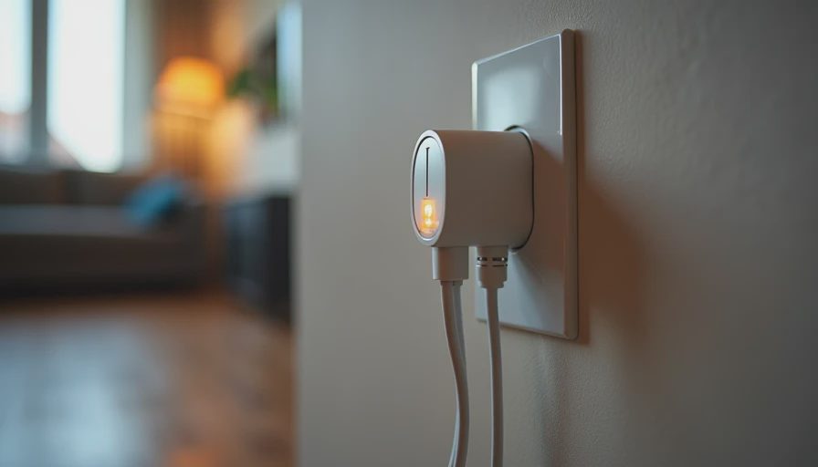 A natural documentary shot of a smart plug plugged into a wall outlet with an indicator light in a living room.