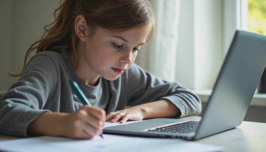 A documentary photo of a student summarizing a learned concept in their own words on a blank sheet of paper after closing the laptop.