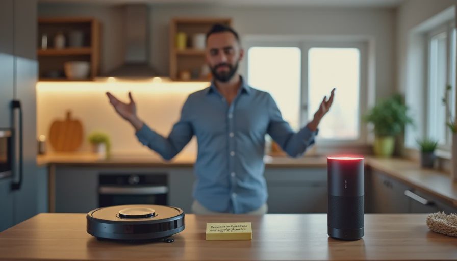 A wide-angle documentary photo in a smart home kitchen. A video doorbell, a robot vacuum, and a smart speaker all display 'Subscription Required' or 'Locked' messages, with a frustrated user gesturing at them.