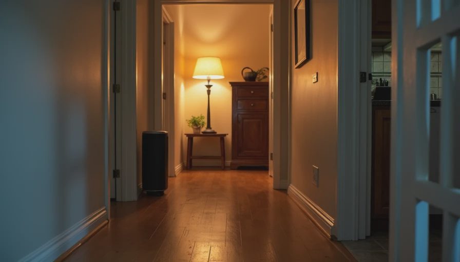 A candid documentary photo of a smart device glowing in a real family home during a quiet evening.