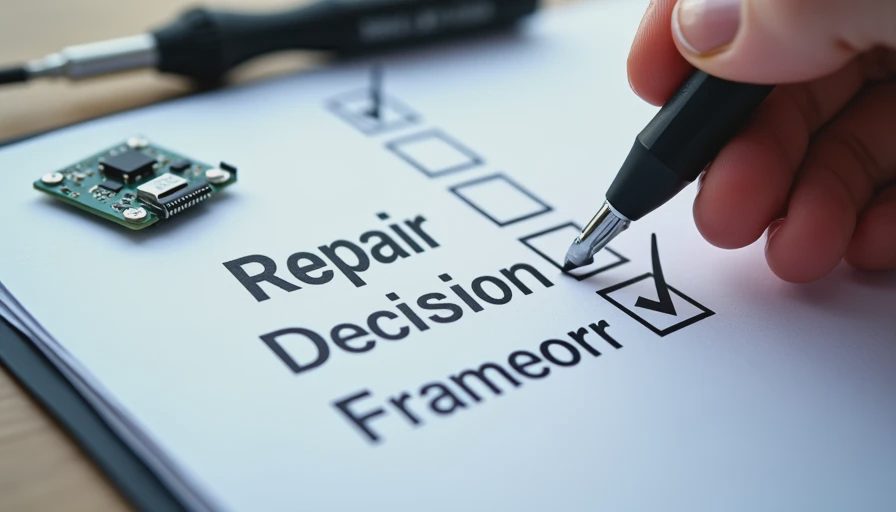A documentary close-up of a person checking a written repair decision checklist with tools nearby on a wooden desk.