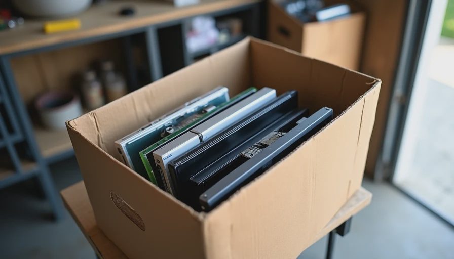 A natural documentary photo of unused electronic devices being sorted into a cardboard box for recycling on a garage workbench.
