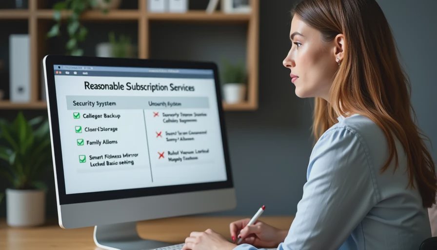 A documentary shot of a woman reviewing a 'Subscription Audit' on her computer. A detailed list separates justifiable subscriptions (like cloud storage) from rent-seeking ones (like paywalled device features), marked with green checks and red 'X's.