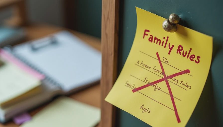 A documentary close-up of an old family rule sticky note crossed out with a red marker on a desk, representing abandoned policies.