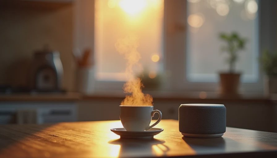 A quiet suburban American kitchen at dawn with a steaming coffee cup and a smart speaker on the counter, documentary photography.