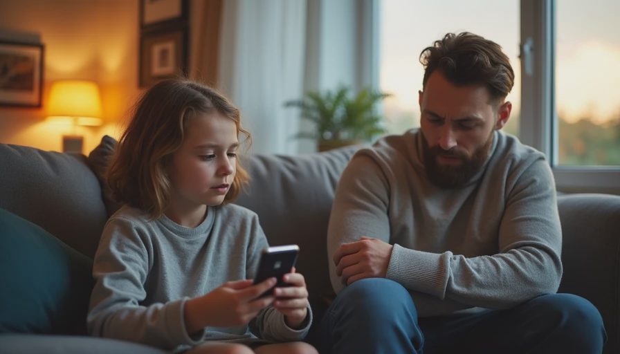 A candid documentary shot of a parent and child talking about device usage in a living room during evening hours.