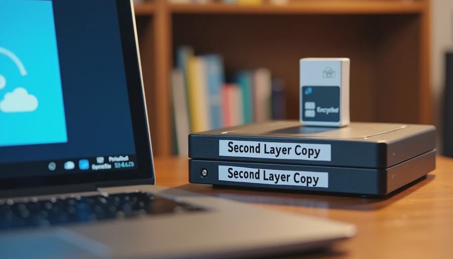 A documentary-style close-up of a home desk showing the three backup layers: an active laptop (cloud), an external drive (second copy), and a small offsite USB drive.