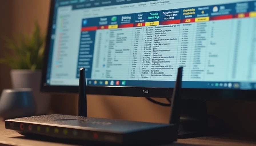A documentary close-up of a laptop screen displaying a complex router spec comparison chart next to an actual older device.