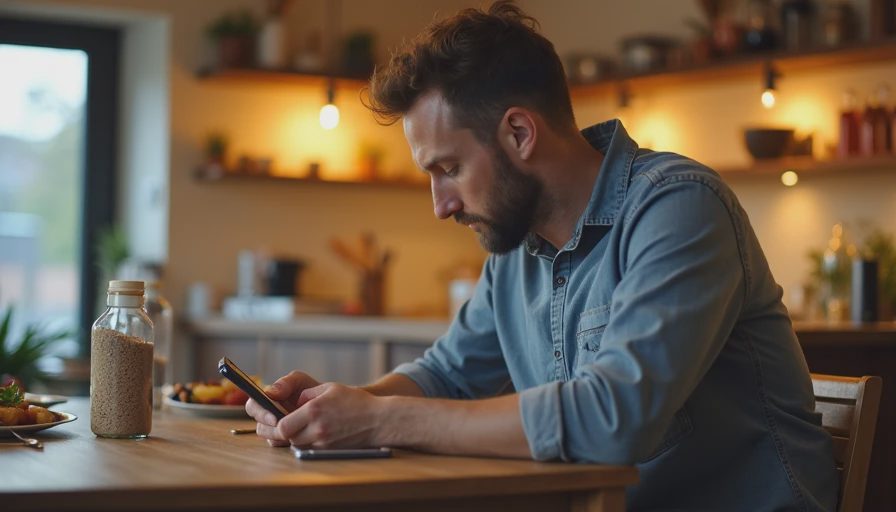A candid documentary shot of a parent glancing down at a phone screen at a dining table during evening hours.