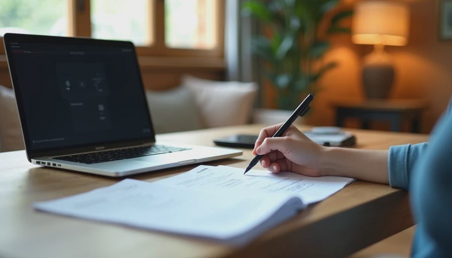 A candid documentary shot of someone reviewing and recording smart home performance notes on a desk at home.