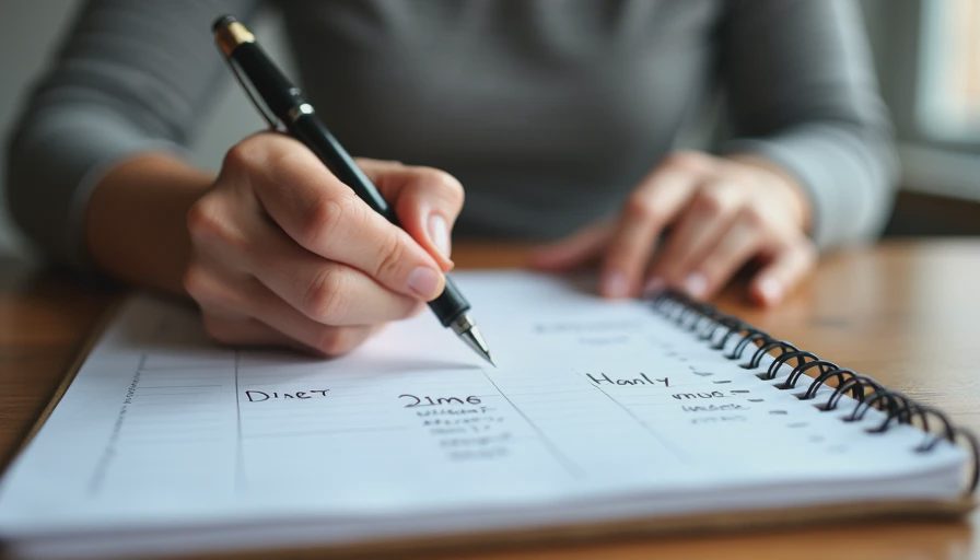 A candid documentary shot of someone writing household meal constraints and preferences in a notebook at a desk.